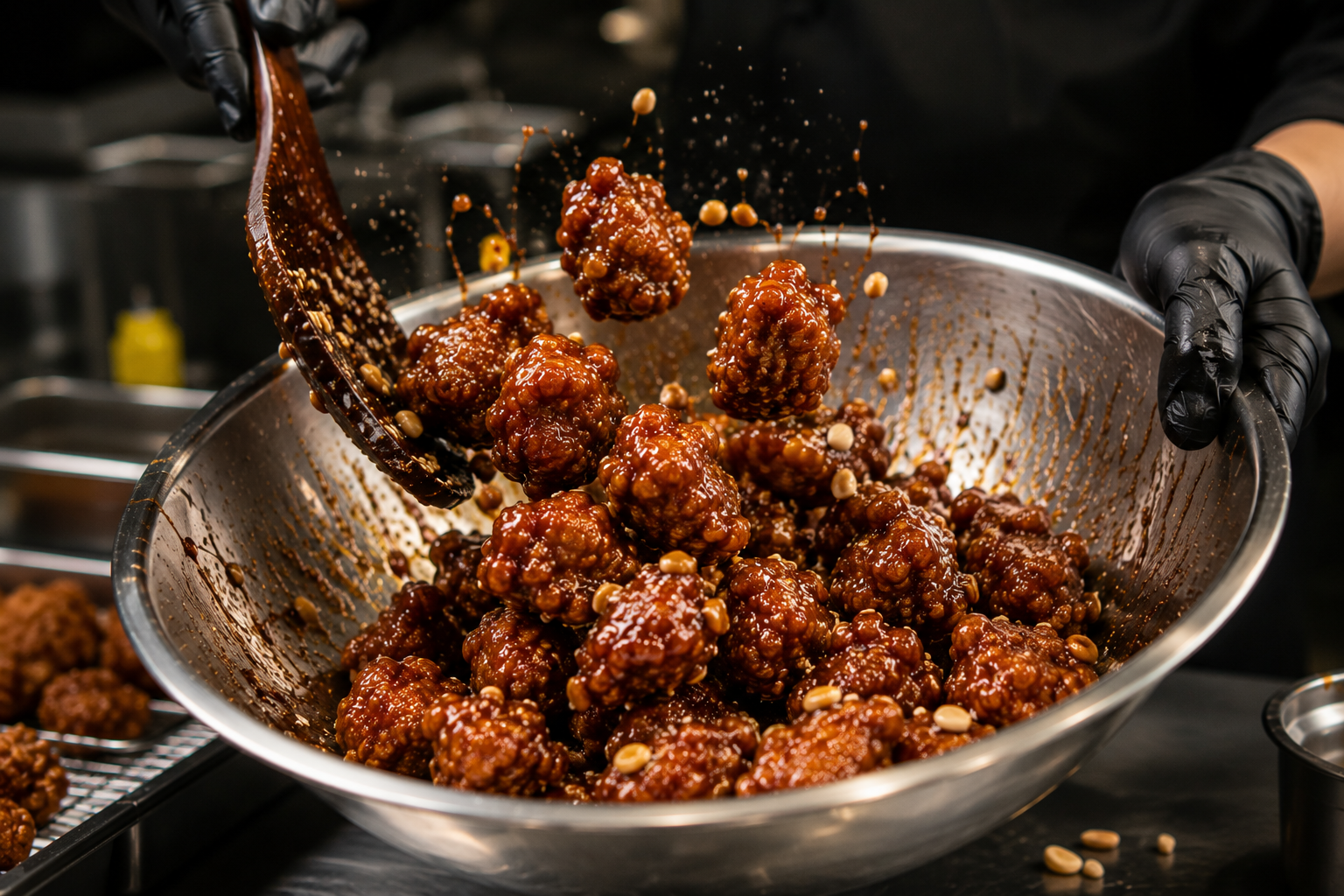 K-BITES dakgangjeong being tossed in glaze