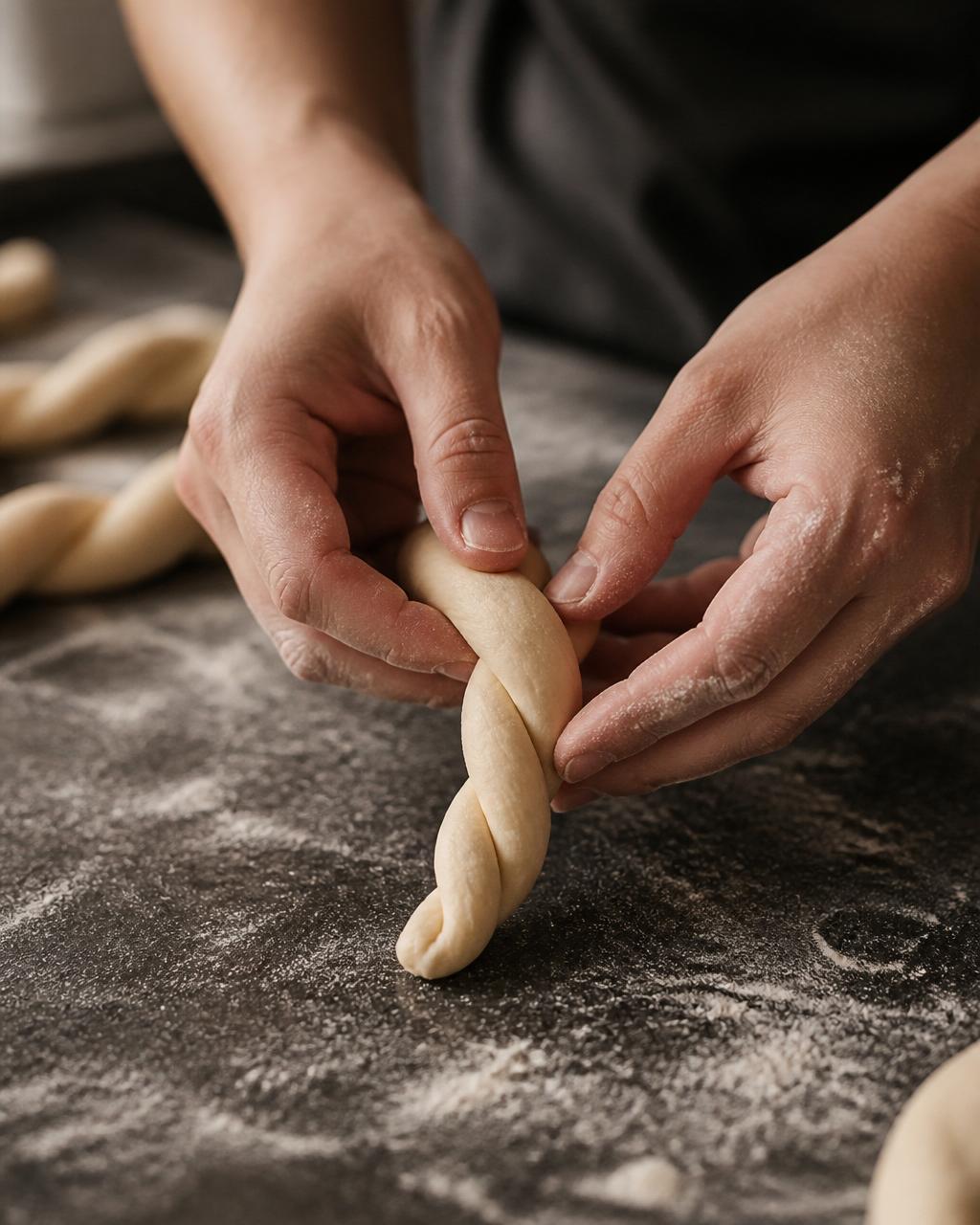 Hands twisting kkwabaegi dough by hand
